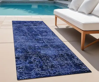 8' Runner Navy Blue Abstract Washable Non Skid Indoor Outdoor Runner Rug