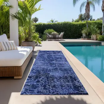 8' Runner Navy Blue Abstract Washable Non Skid Indoor Outdoor Runner Rug