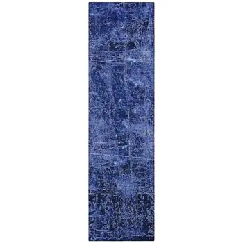 8' Runner Navy Blue Abstract Washable Non Skid Indoor Outdoor Runner Rug