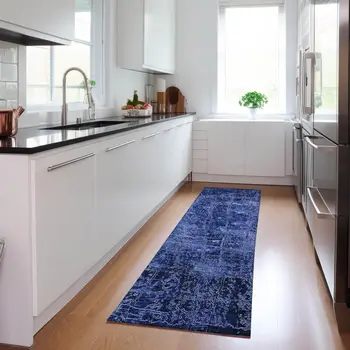 8' Runner Navy Blue Abstract Washable Non Skid Indoor Outdoor Runner Rug