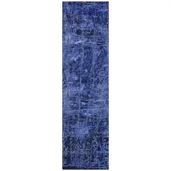 8' Runner Navy Blue Abstract Washable Non Skid Indoor Outdoor Runner Rug