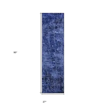 8' Runner Navy Blue Abstract Washable Non Skid Indoor Outdoor Runner Rug
