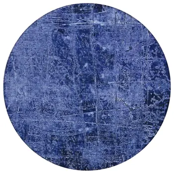 8' Round Navy Blue Round Abstract Washable Non Skid Indoor Outdoor Area Rug