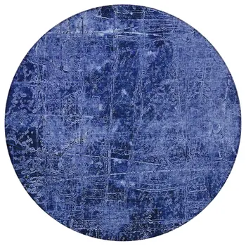 8' Round Navy Blue Round Abstract Washable Non Skid Indoor Outdoor Area Rug
