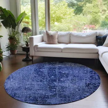 8' Round Navy Blue Round Abstract Washable Non Skid Indoor Outdoor Area Rug