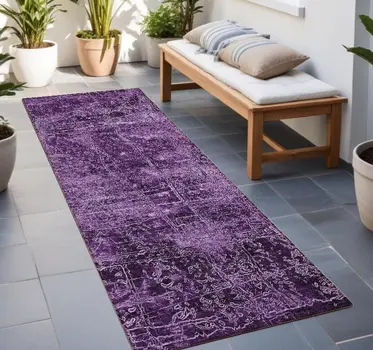 8' Runner Purple Abstract Washable Non Skid Indoor Outdoor Runner Rug
