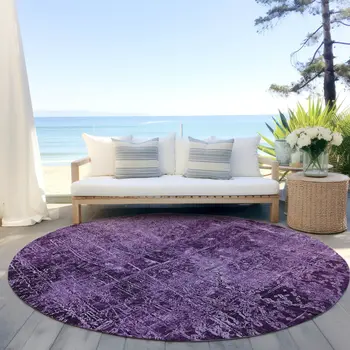 8' Round Purple Round Abstract Washable Non Skid Indoor Outdoor Area Rug