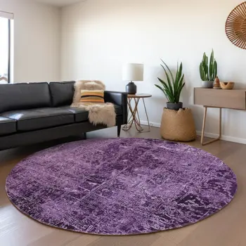 8' Round Purple Round Abstract Washable Non Skid Indoor Outdoor Area Rug