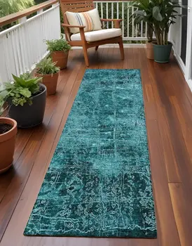 8' Runner Teal Abstract Washable Non Skid Indoor Outdoor Runner Rug