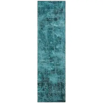 8' Runner Teal Abstract Washable Non Skid Indoor Outdoor Runner Rug