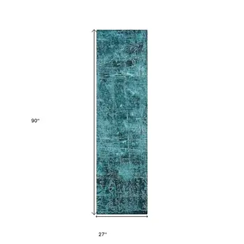 8' Runner Teal Abstract Washable Non Skid Indoor Outdoor Runner Rug