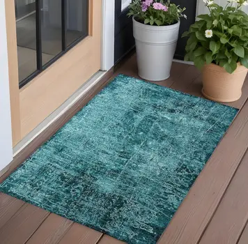 3' X 5' Teal Abstract Washable Non Skid Indoor Outdoor Area Rug