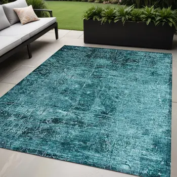 5' X 8' Teal Abstract Washable Non Skid Indoor Outdoor Area Rug