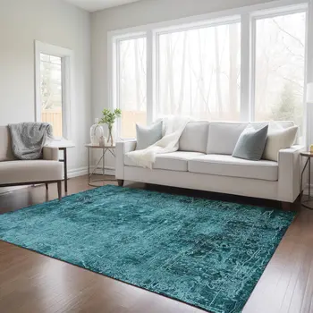 5' X 8' Teal Abstract Washable Non Skid Indoor Outdoor Area Rug
