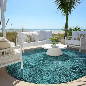 8' Round Teal Round Abstract Washable Non Skid Indoor Outdoor Area Rug