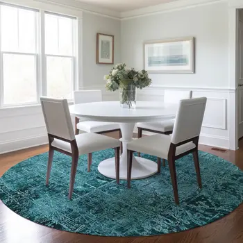 8' Round Teal Round Abstract Washable Non Skid Indoor Outdoor Area Rug