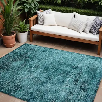 10' X 14' Teal Abstract Washable Non Skid Indoor Outdoor Area Rug