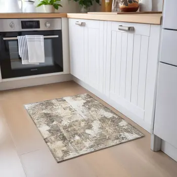 2' X 3' Taupe and Ivory Floral Washable Non Skid Indoor Outdoor Area Rug