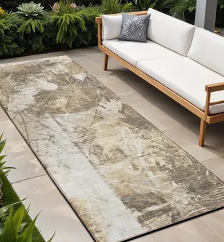 8' Runner Taupe and Ivory Floral Washable Non Skid Indoor Outdoor Runner Rug