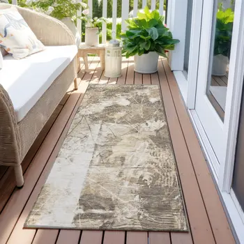 8' Runner Taupe and Ivory Floral Washable Non Skid Indoor Outdoor Runner Rug