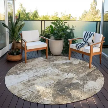 8' Round Taupe and Ivory Round Floral Washable Non Skid Indoor Outdoor Area Rug