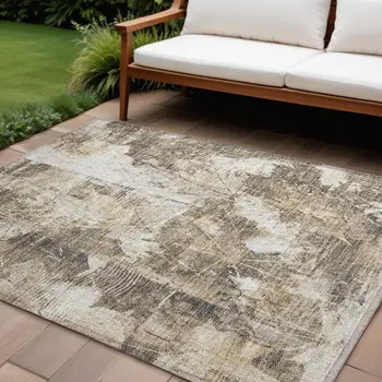 10' X 14' Taupe And Ivory Floral Washable Indoor Outdoor Area Rug