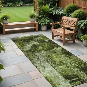 8' Runner Green Floral Washable Non Skid Indoor Outdoor Runner Rug