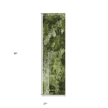 8' Runner Green Floral Washable Non Skid Indoor Outdoor Runner Rug