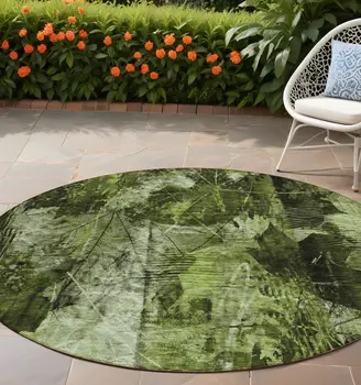 8' Round Green Round Floral Washable Non Skid Indoor Outdoor Area Rug