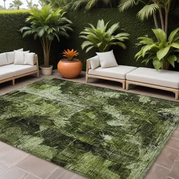 9' X 12' Green Floral Washable Non Skid Indoor Outdoor Area Rug