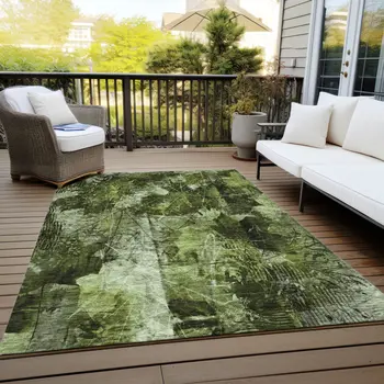 10' X 14' Green Floral Washable Non Skid Indoor Outdoor Area Rug