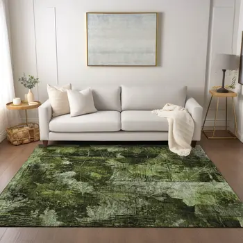 10' X 14' Green Floral Washable Non Skid Indoor Outdoor Area Rug