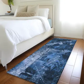 8' Runner Navy Blue Floral Washable Non Skid Indoor Outdoor Runner Rug