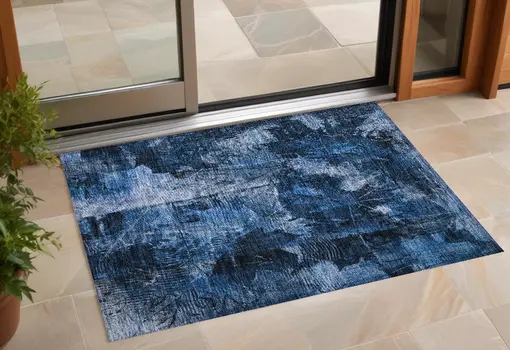 3' X 5' Navy Blue Floral Washable Non Skid Indoor Outdoor Area Rug