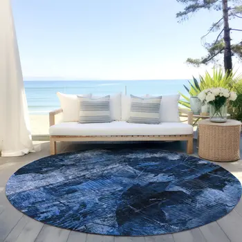 8' Round Navy Blue Round Floral Washable Non Skid Indoor Outdoor Area Rug