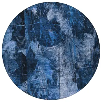 8' Round Navy Blue Round Floral Washable Non Skid Indoor Outdoor Area Rug