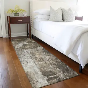 8' Runner Taupe Floral Washable Non Skid Indoor Outdoor Runner Rug