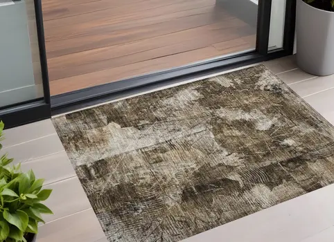 3' X 5' Taupe Floral Washable Non Skid Indoor Outdoor Area Rug