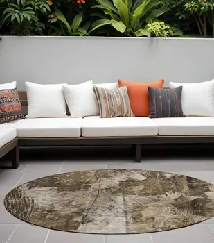 8' Round Taupe Round Floral Washable Non Skid Indoor Outdoor Area Rug