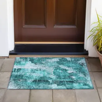 2' X 3' Teal Floral Washable Non Skid Indoor Outdoor Area Rug