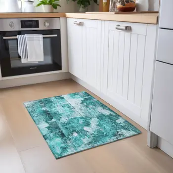 2' X 3' Teal Floral Washable Non Skid Indoor Outdoor Area Rug