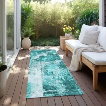 8' Runner Teal Floral Washable Non Skid Indoor Outdoor Runner Rug