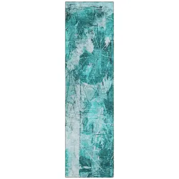 8' Runner Teal Floral Washable Non Skid Indoor Outdoor Runner Rug