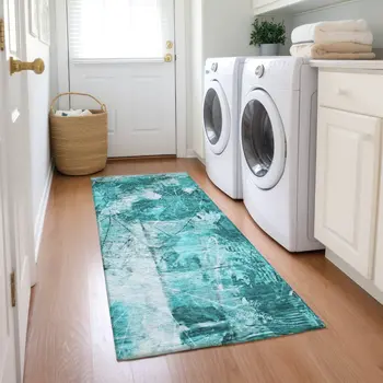 8' Runner Teal Floral Washable Non Skid Indoor Outdoor Runner Rug