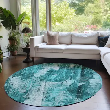 8' Round Teal Round Floral Washable Non Skid Indoor Outdoor Area Rug