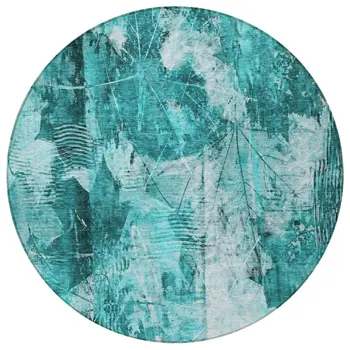 8' Round Teal Round Floral Washable Non Skid Indoor Outdoor Area Rug