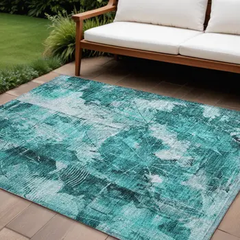 9' X 12' Teal Floral Washable Non Skid Indoor Outdoor Area Rug