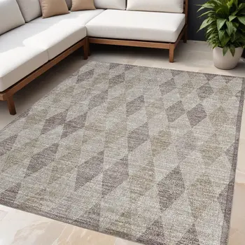 5' X 8' Beige Taupe and Brown Geometric Washable Non Skid Indoor Outdoor Area Rug