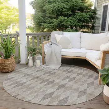 8' Round Beige Taupe and Brown Round Geometric Washable Non Skid Indoor Outdoor Area Rug