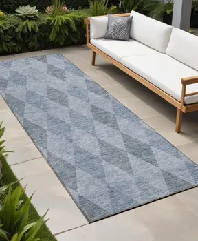 8' Runner Denim Blue Geometric Washable Non Skid Indoor Outdoor Runner Rug